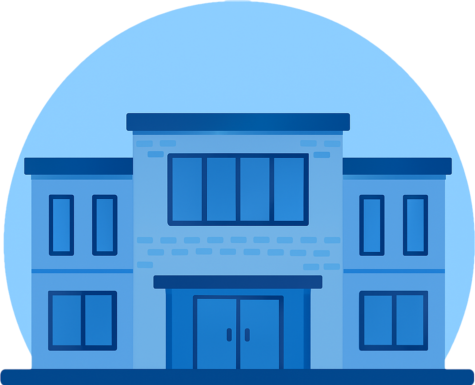 Flat blue circular graphic showing a modern medical office building, representing Cincinnati Neuropsychology’s mission of care.
