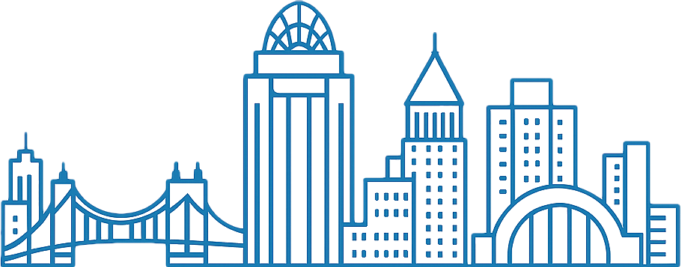 Flat blue vector skyline of Cincinnati with iconic buildings and bridge, symbolizing city-based neuropsychology services.