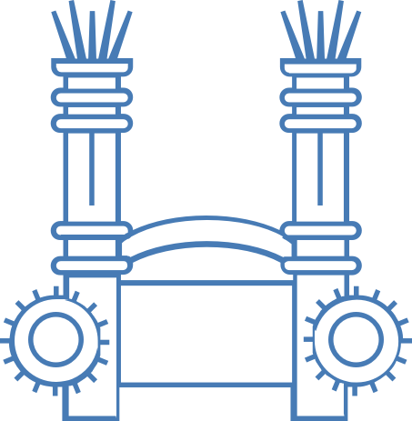 Illustration of a stylized bridge and towers in a blue theme, representing support and structure.